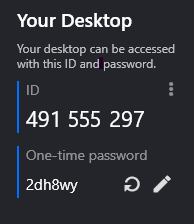 The support window, showing an ID of 491 555 297 and a one-time password below it.